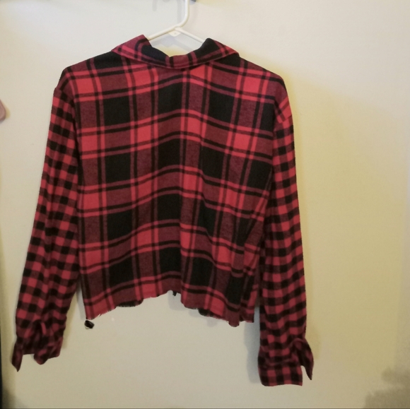 Flirty Love For Humanity Red Black Plaid Button Up Crop Top. - Picture 2 of 3